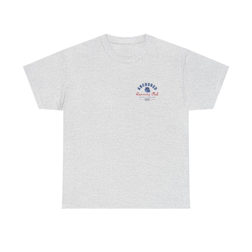 Light gray heather T-shirt with a small blue and red 'Anchored Running Club' logo on the chest