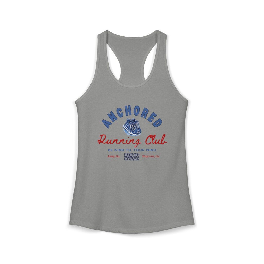 Gray sleeveless athletic tank top featuring a circular blue logo reading 'Anchored Running Club' with a pair of blue shoes and wave icons in the center on the front.
