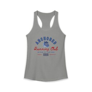 Gray sleeveless athletic tank top featuring a circular blue logo reading 'Anchored Running Club' with a pair of blue shoes and wave icons in the center on the front.